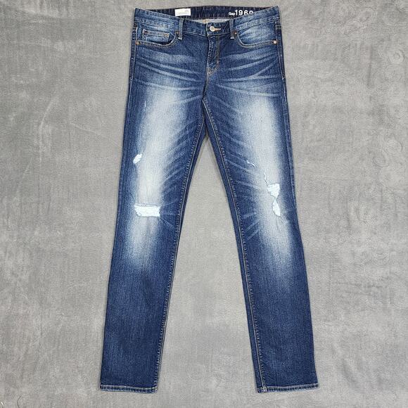Gap 1969 Real Straight Jeans Size 28/6 Long Stretchy Mid Rise Distressed Ripped - Picture 1 of 8